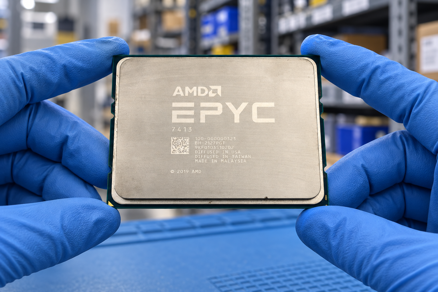 AMD EPYC 7413 held by two blue-gloved hands above a blue electronics workbench; generated scene