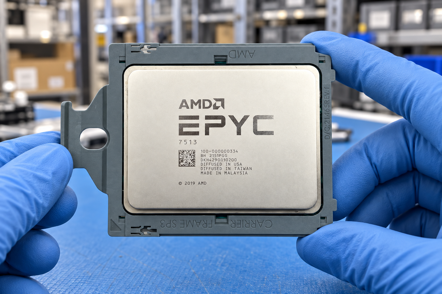 AMD EPYC 7513 held by two blue-gloved hands above a blue electronics workbench; generated scene