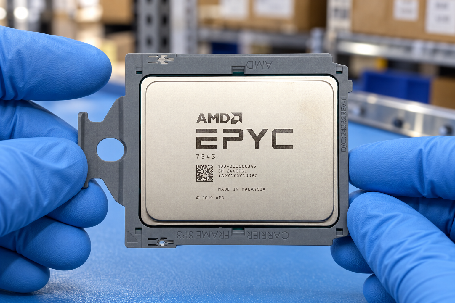 AMD EPYC 7543 held by two blue-gloved hands above a blue electronics workbench; generated scene