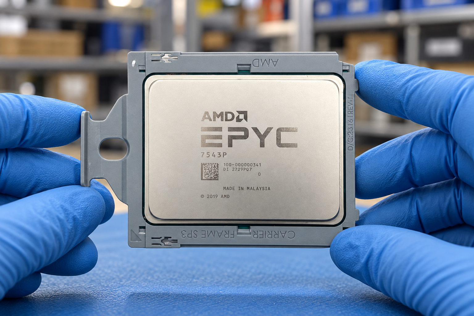 AMD EPYC 7543P held by two blue-gloved hands above a blue electronics workbench; generated scene