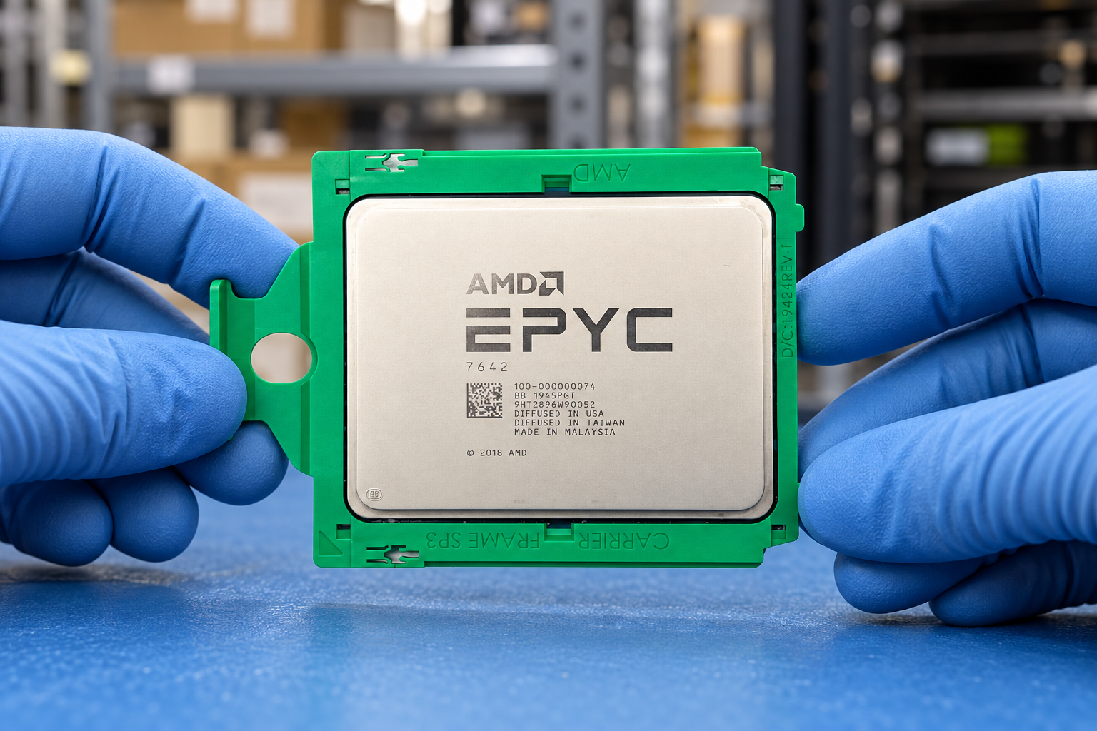 AMD EPYC 7642 held by two blue-gloved hands above a blue electronics workbench; generated scene