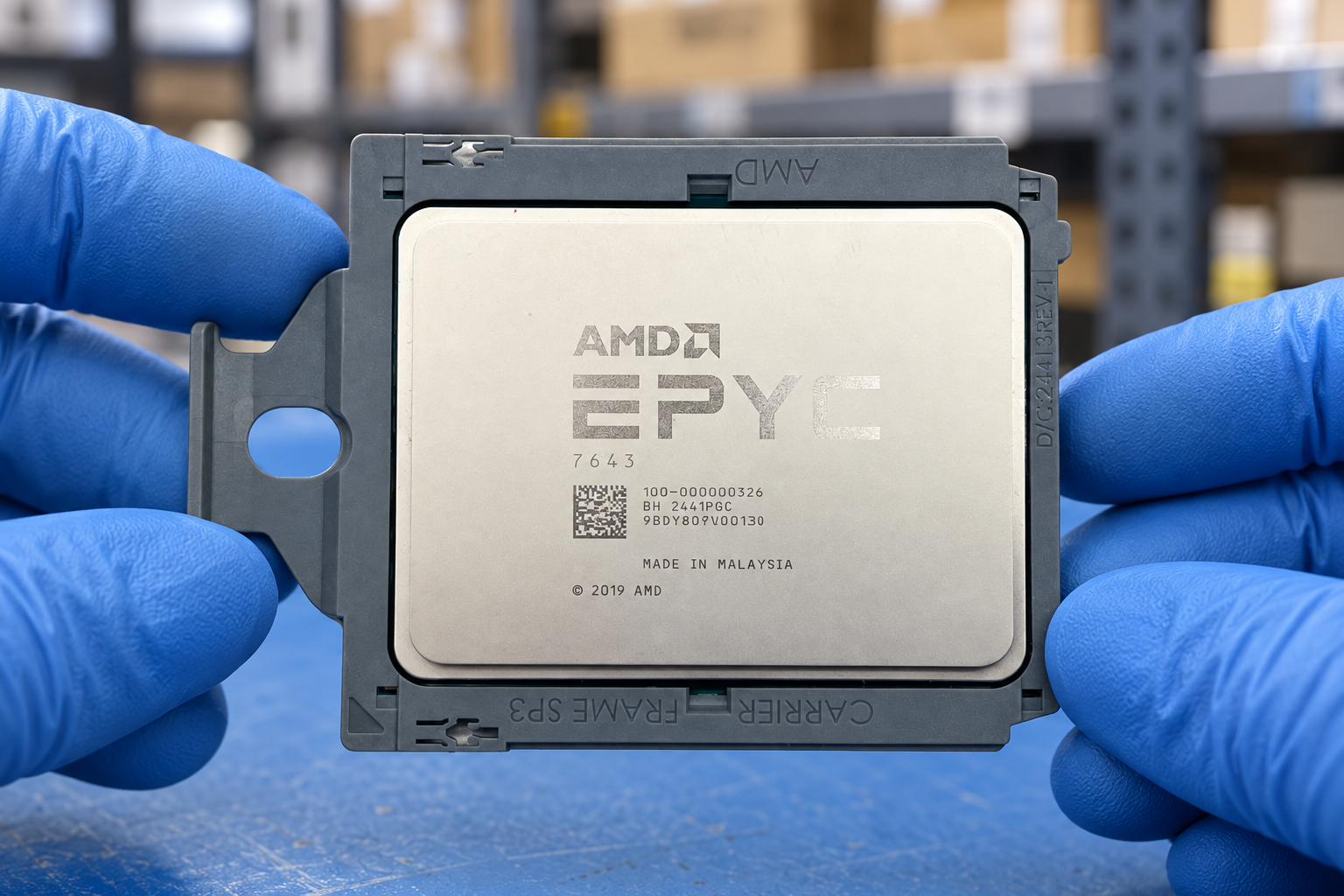 AMD EPYC 7643 held by two blue-gloved hands above a blue electronics workbench; generated scene