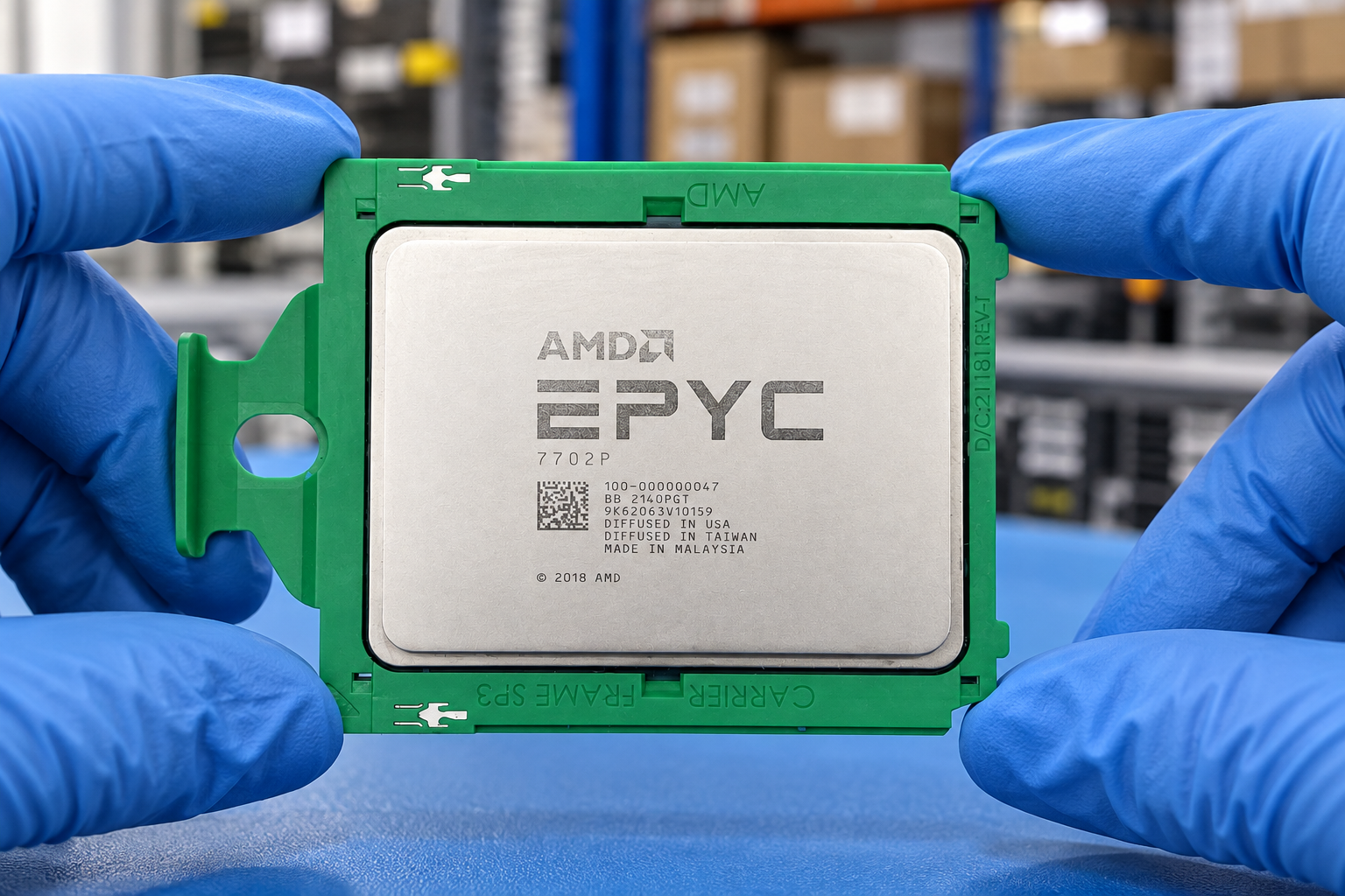 AMD EPYC 7702P held by two blue-gloved hands above a blue electronics workbench; generated scene