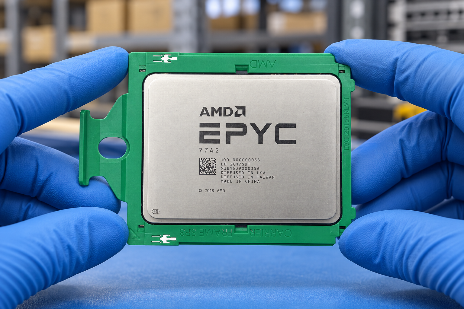 AMD EPYC 7742 held by two blue-gloved hands above a blue electronics workbench; generated scene