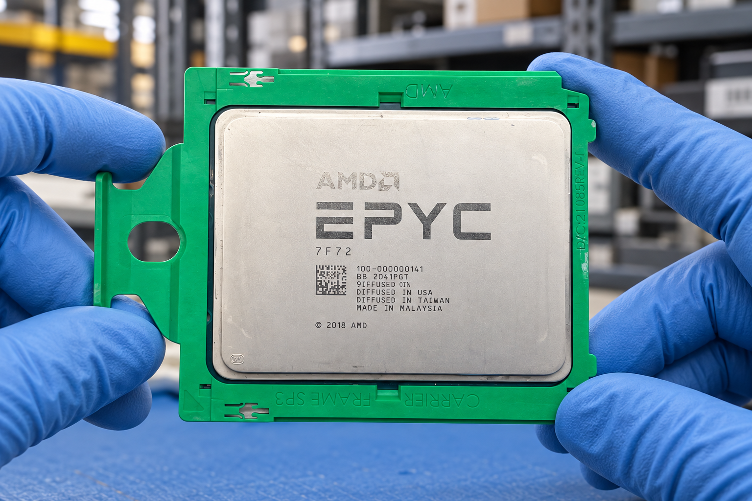 AMD EPYC 7F72 held by two blue-gloved hands above a blue electronics workbench; generated scene