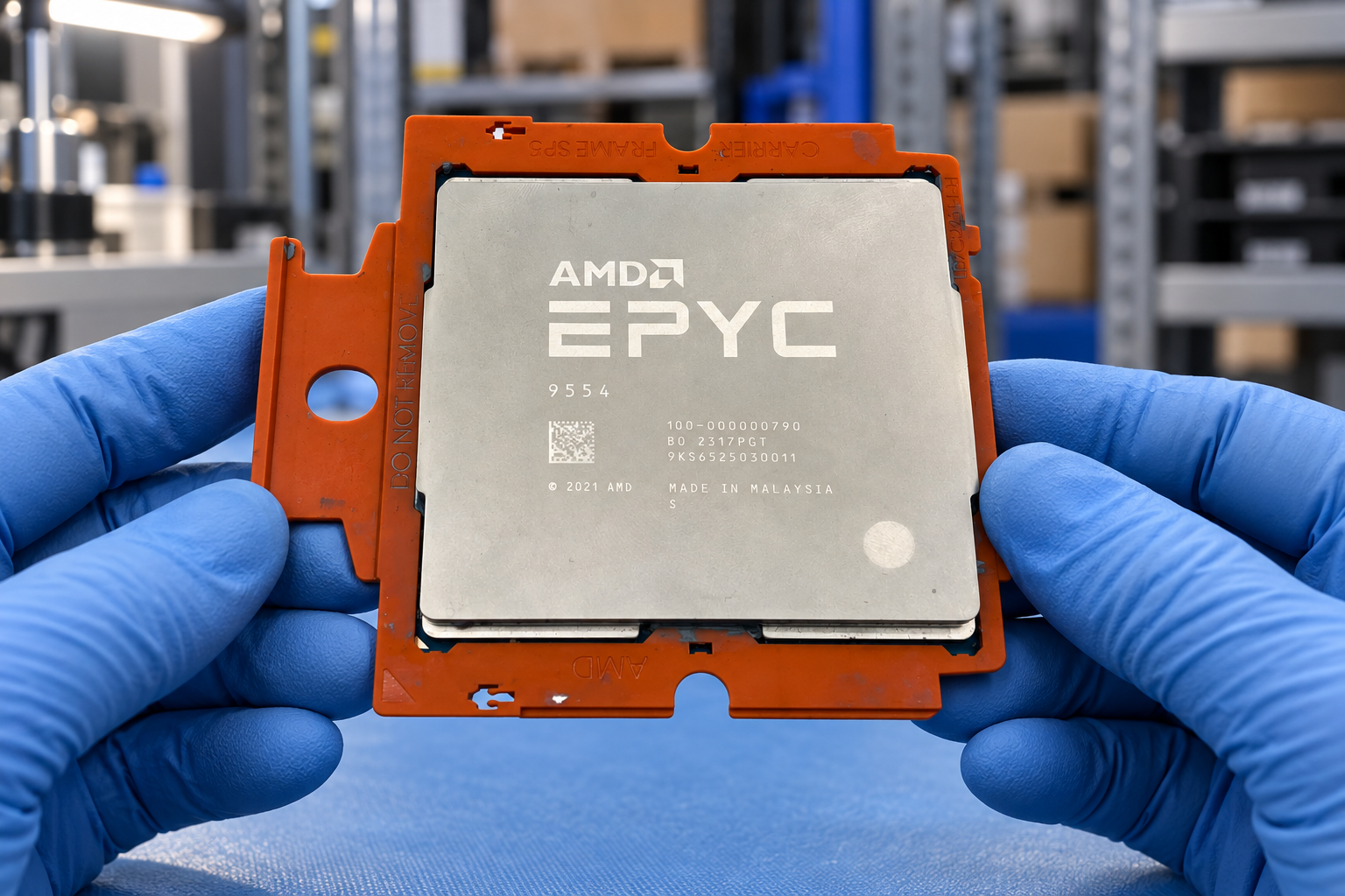 AMD EPYC 9554 held by two blue-gloved hands above a blue electronics workbench; generated scene
