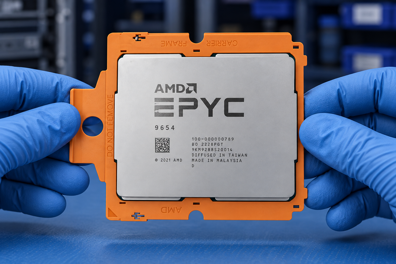 AMD 100-000000789 held at the edges by two blue-gloved hands above a blue electronics workbench; generated scene