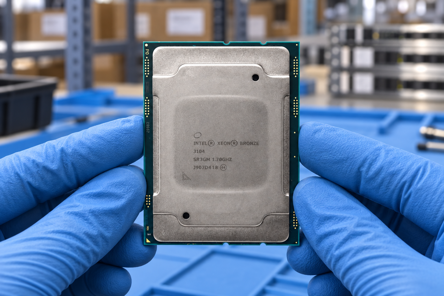Intel Xeon Bronze 3104 held by two blue-gloved hands above a blue electronics workbench; generated scene
