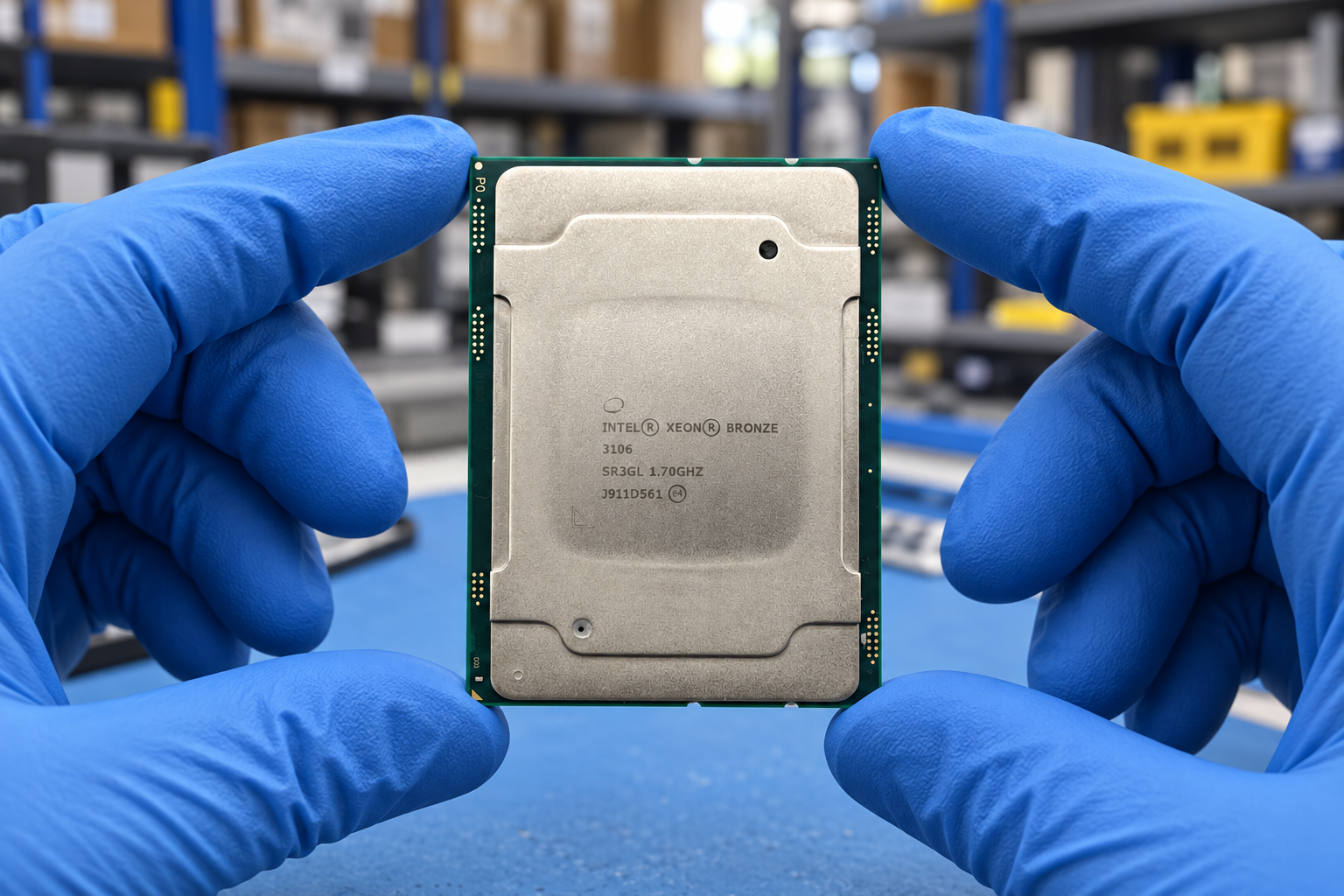 Intel Xeon Bronze 3106 held by two blue-gloved hands above a blue electronics workbench; generated scene