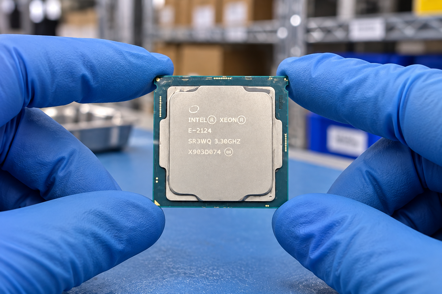 Intel Xeon E-2124 held by two blue-gloved hands above a blue electronics workbench; generated scene
