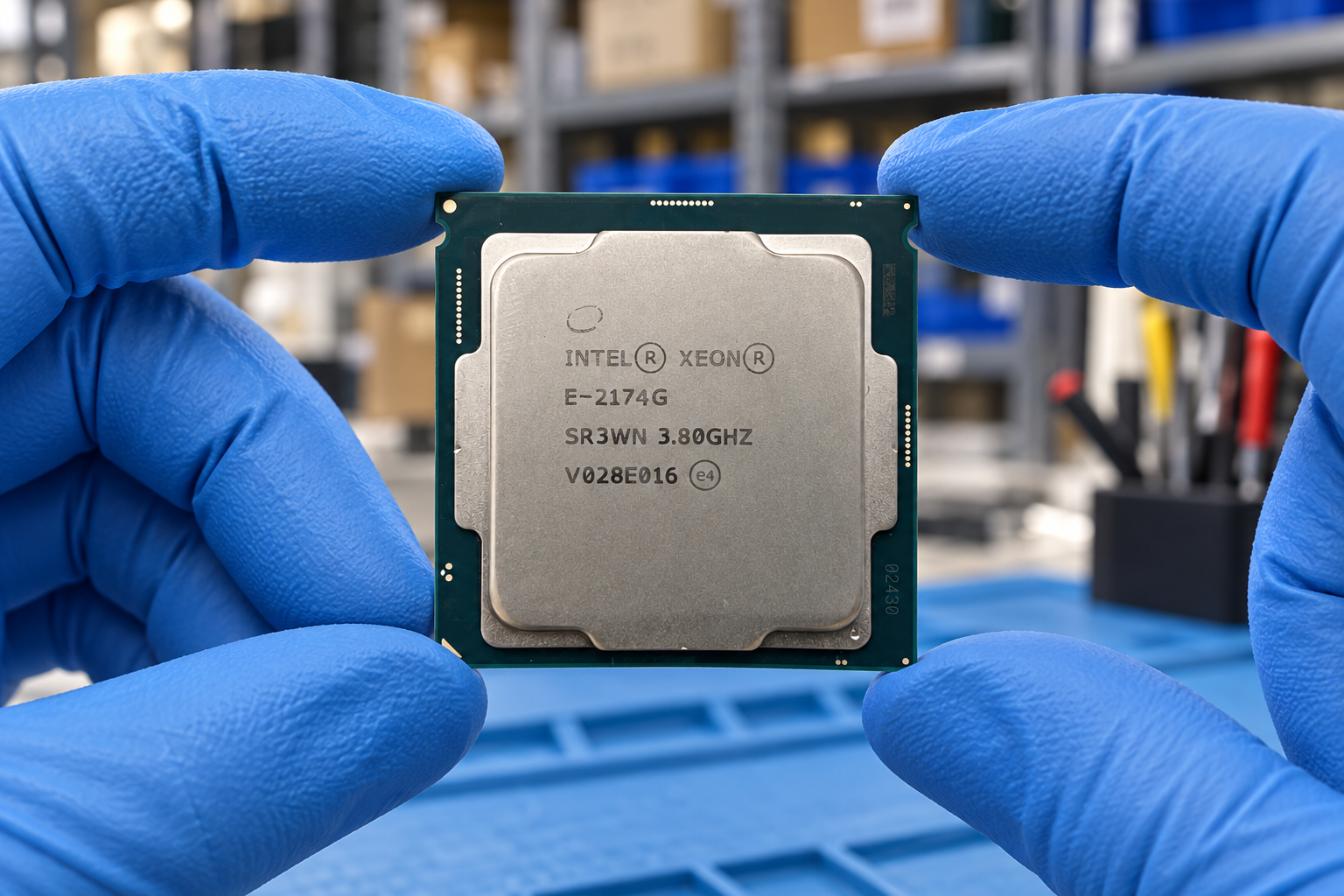 Intel Xeon E-2174G held by two blue-gloved hands above a blue electronics workbench; generated scene