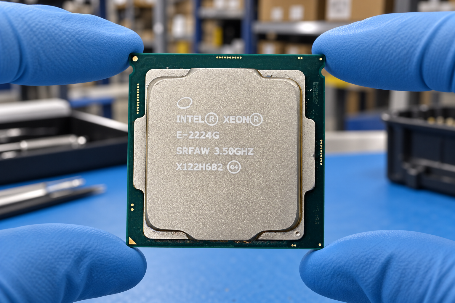 Intel Xeon E-2224G held by two blue-gloved hands above a blue electronics workbench; generated scene