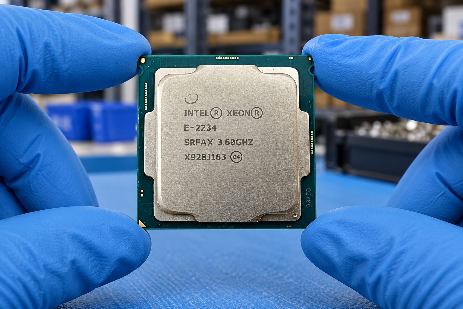 Intel Xeon E-2234 held by two blue-gloved hands above a blue electronics workbench; generated scene