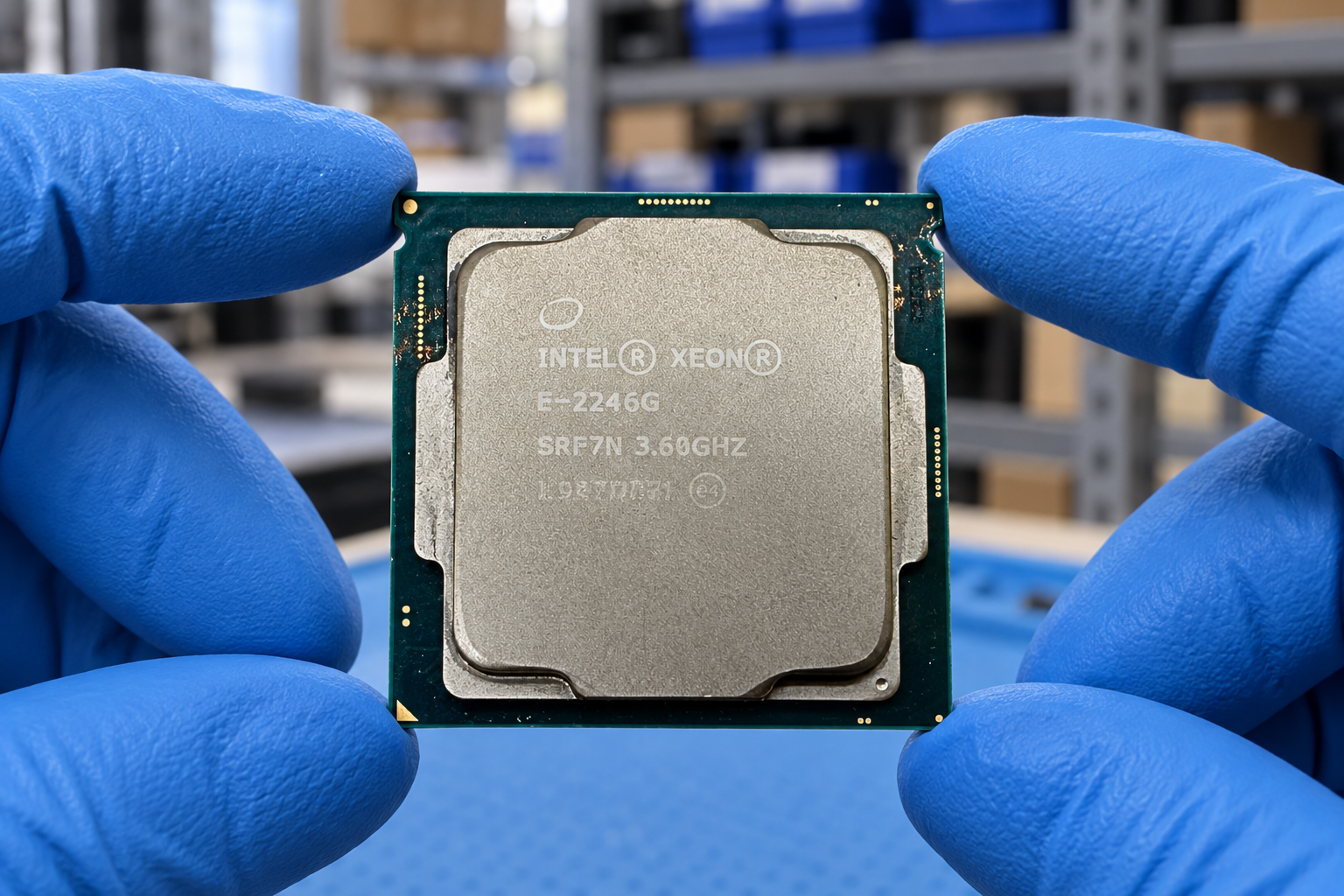 Intel Xeon E-2246G held by two blue-gloved hands above a blue electronics workbench; generated scene