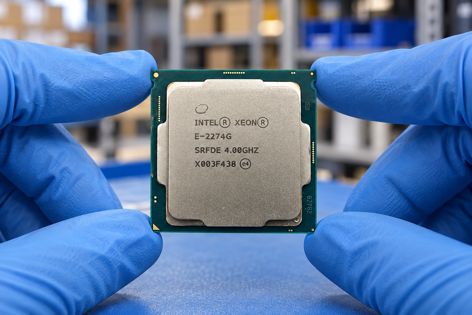 Intel Xeon E-2274G held by two blue-gloved hands above a blue electronics workbench; generated scene