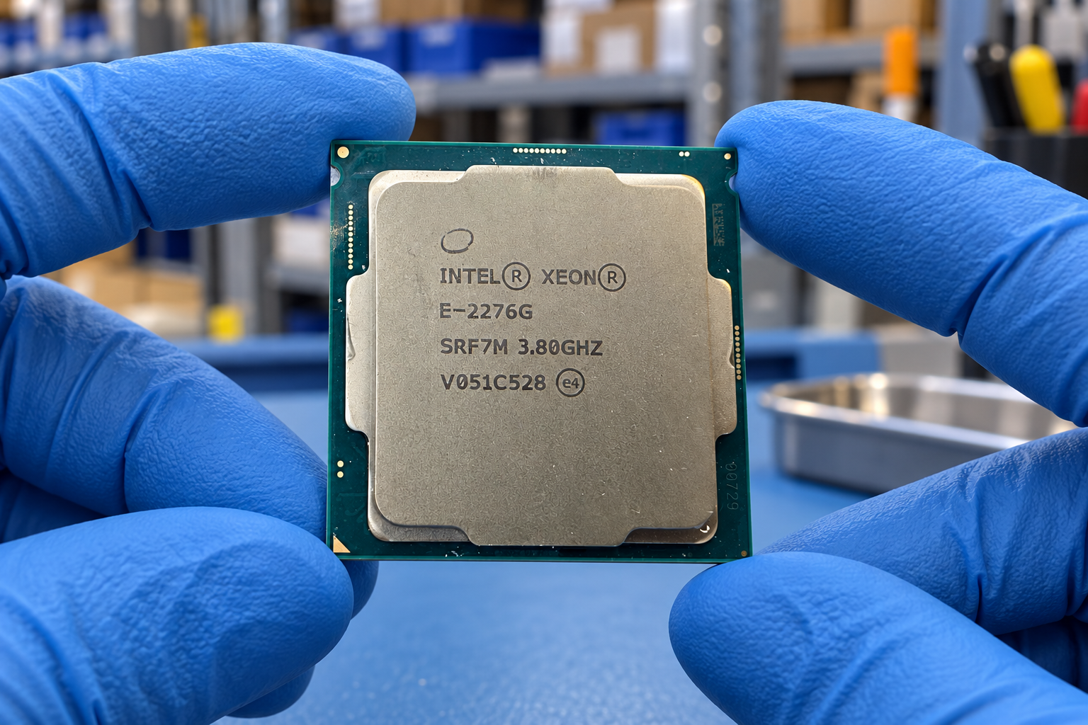 Intel Xeon E-2276G held by two blue-gloved hands above a blue electronics workbench; generated scene