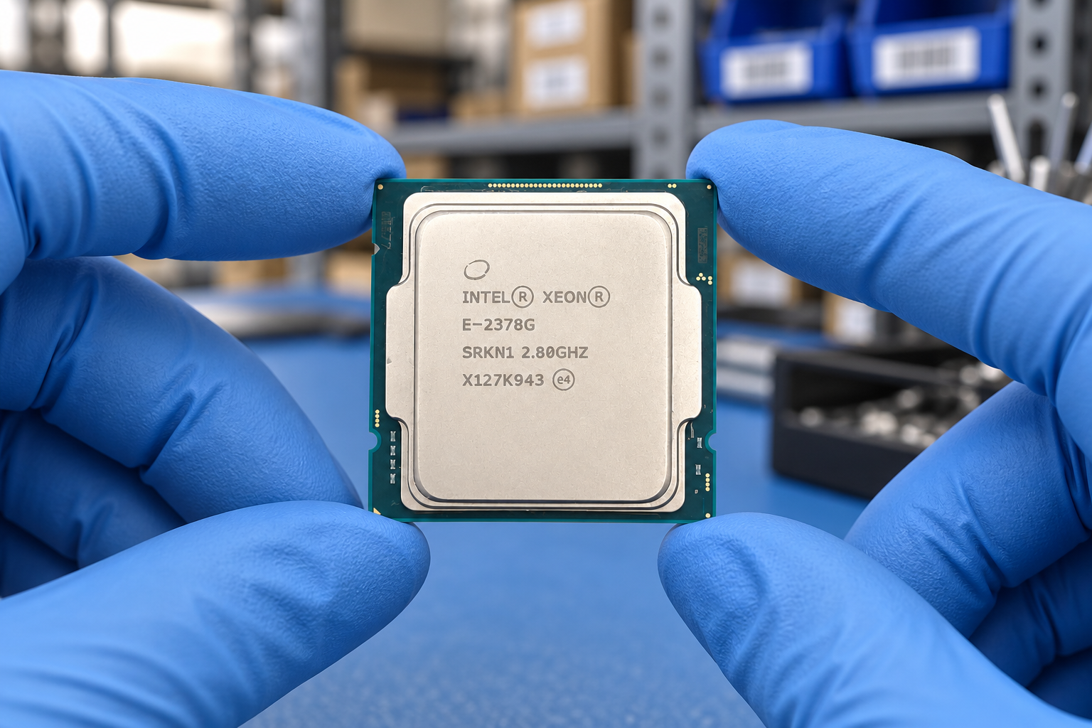 Intel Xeon E-2378G held by two blue-gloved hands above a blue electronics workbench; generated scene