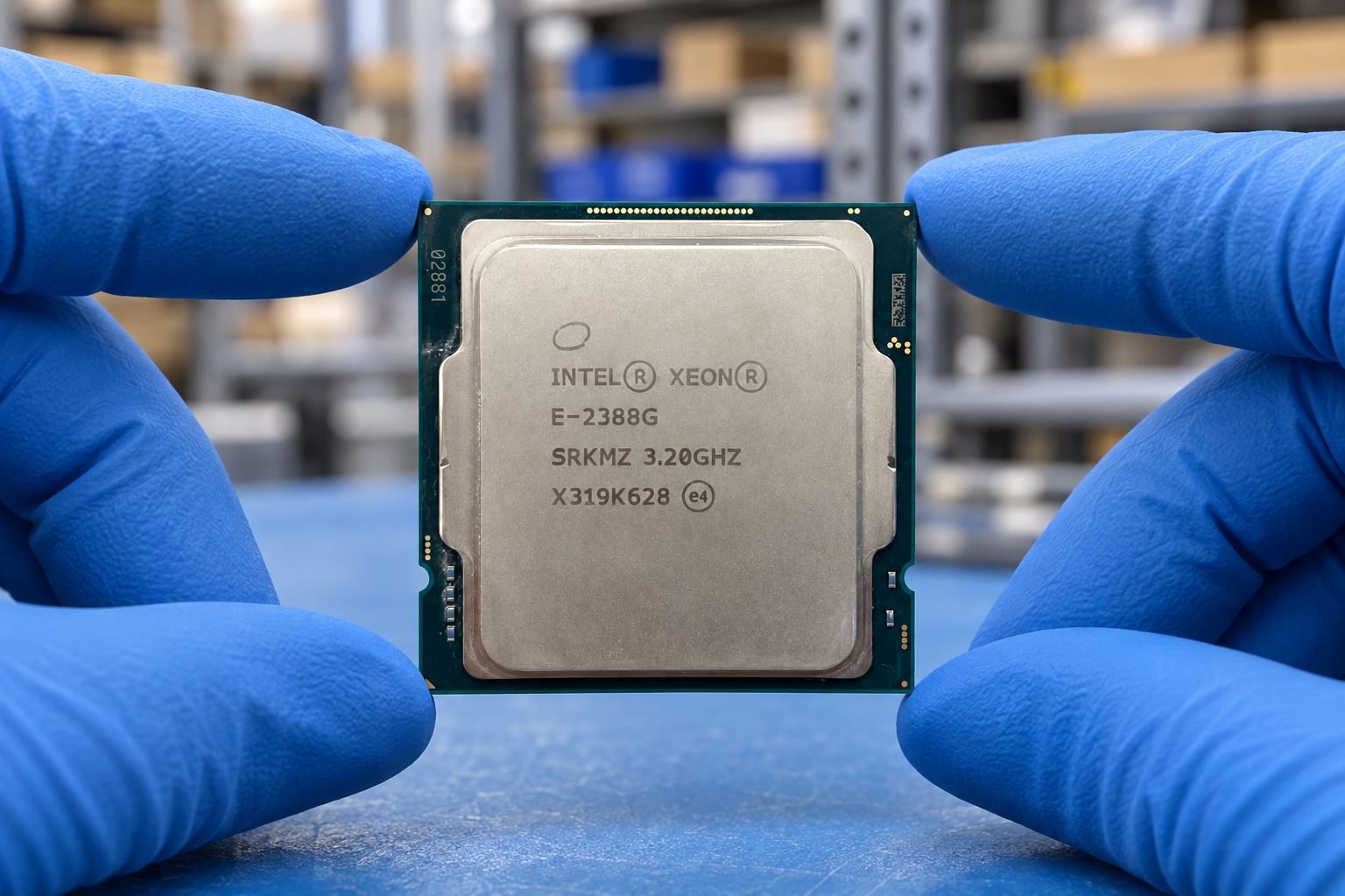 Intel Xeon E-2388G held by two blue-gloved hands above a blue electronics workbench; generated scene