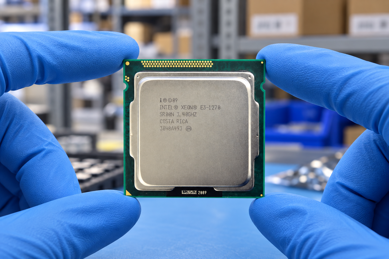 Intel Xeon E3-1270 held by two blue-gloved hands above a blue electronics workbench; generated scene