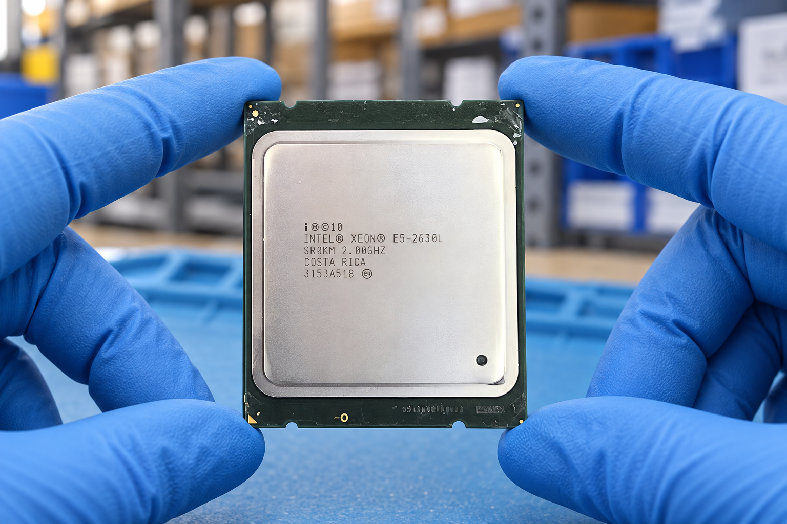Intel Xeon E5-2630L held by two blue-gloved hands above a blue electronics workbench; generated scene