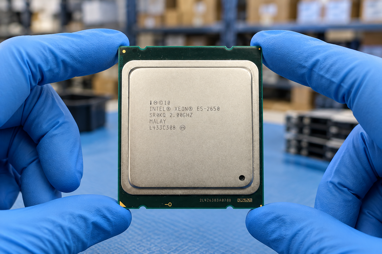 Intel Xeon E5-2650 held by two blue-gloved hands above a blue electronics workbench; generated scene