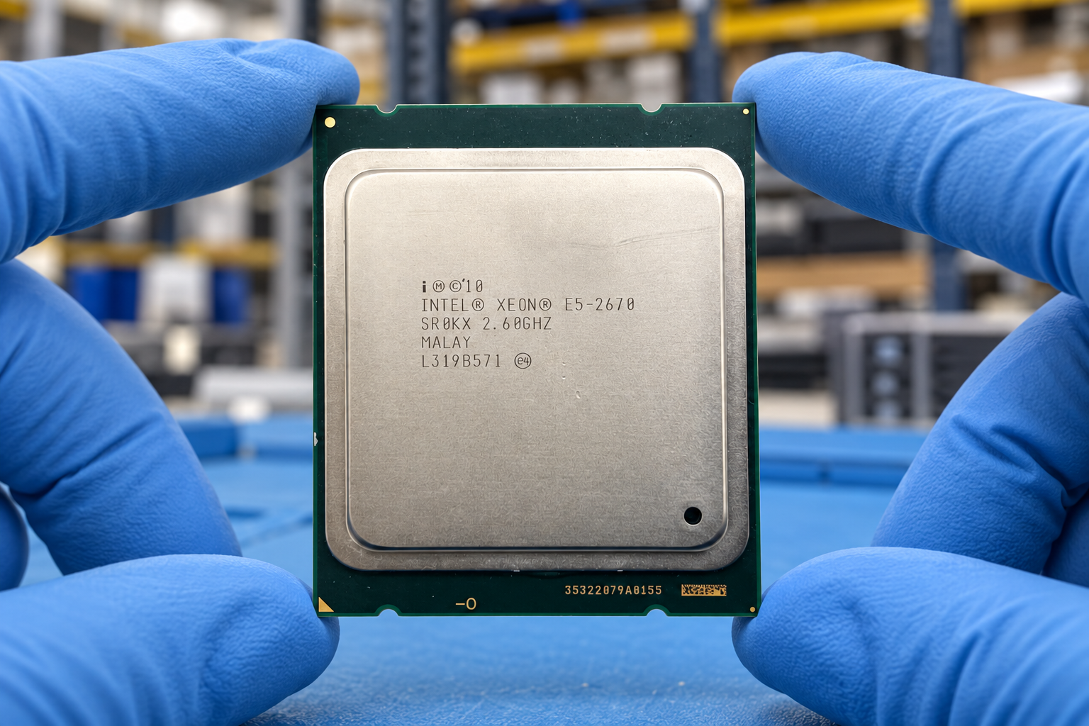 Intel Xeon E5-2670 held by two blue-gloved hands above a blue electronics workbench; generated scene