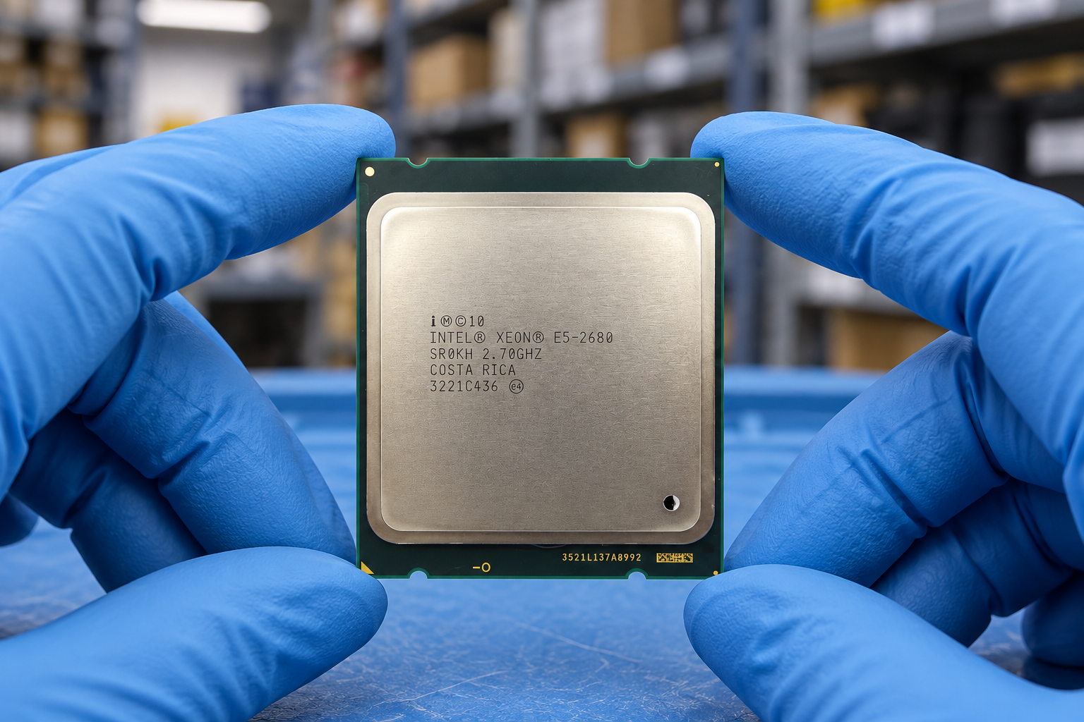Intel Xeon E5-2680 held by two blue-gloved hands above a blue electronics workbench; generated scene
