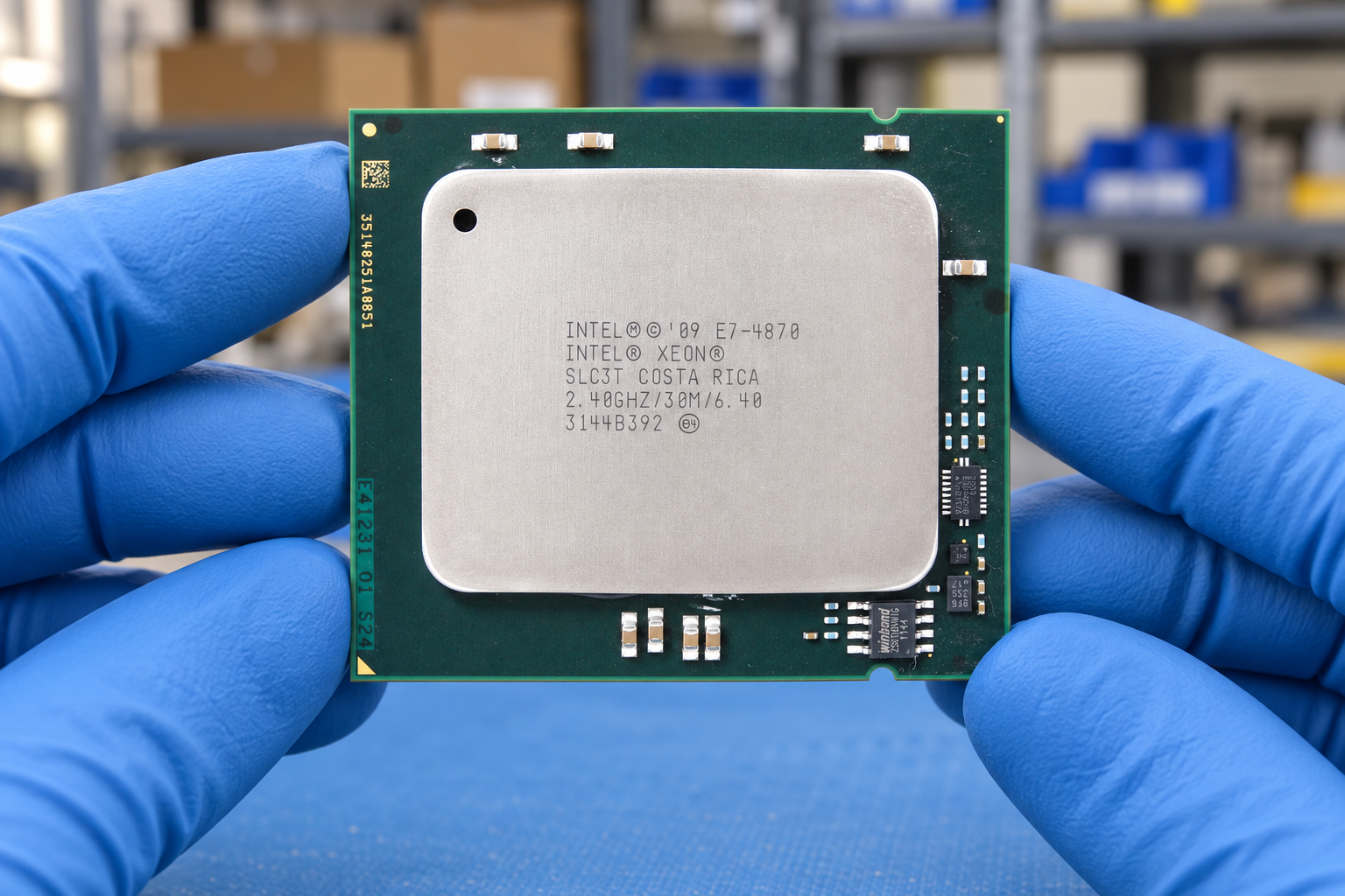 Intel Xeon E7-4870 held by two blue-gloved hands above a blue electronics workbench; generated scene