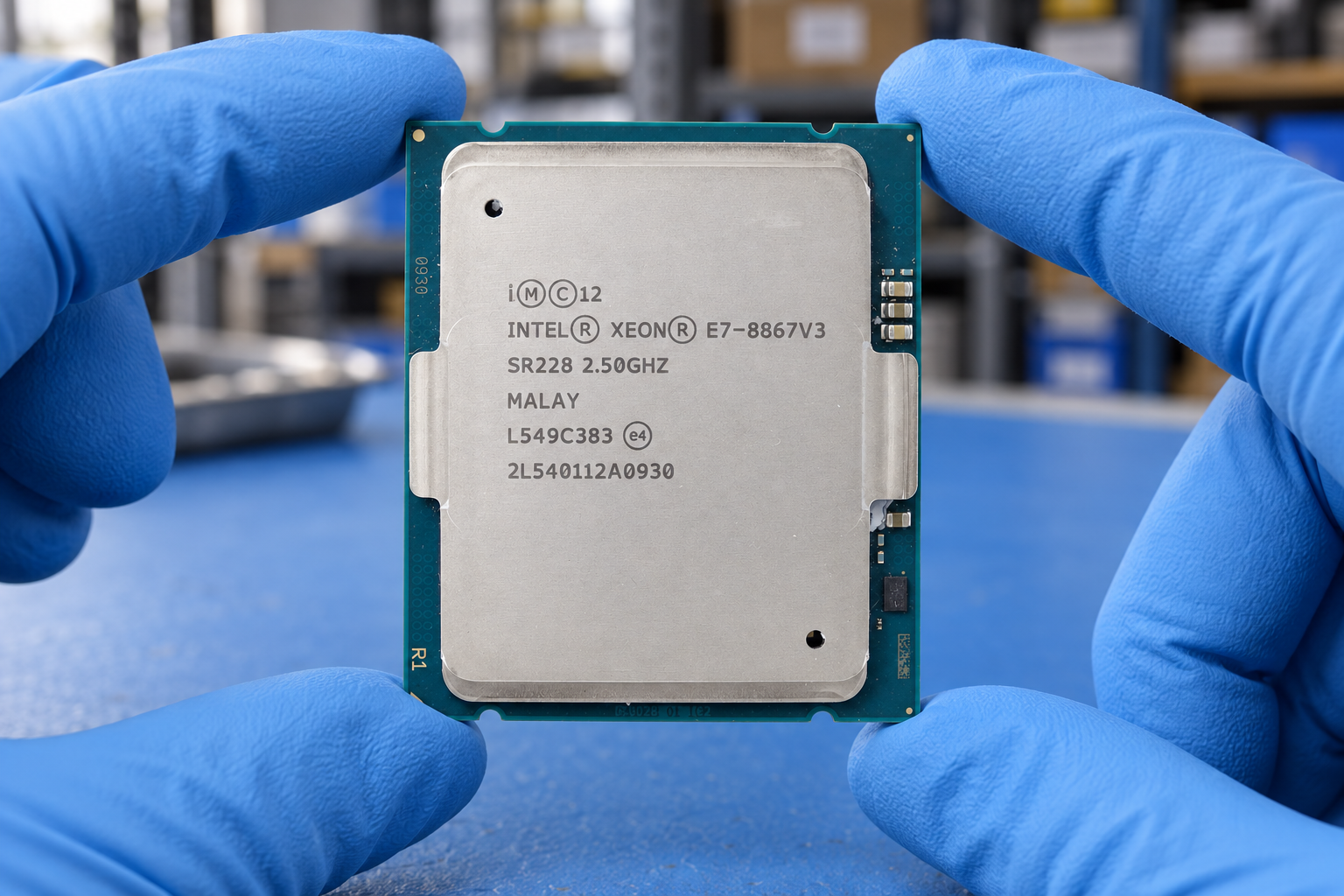Intel Xeon E7-8867 v3 held by two blue-gloved hands above a blue electronics workbench; generated scene