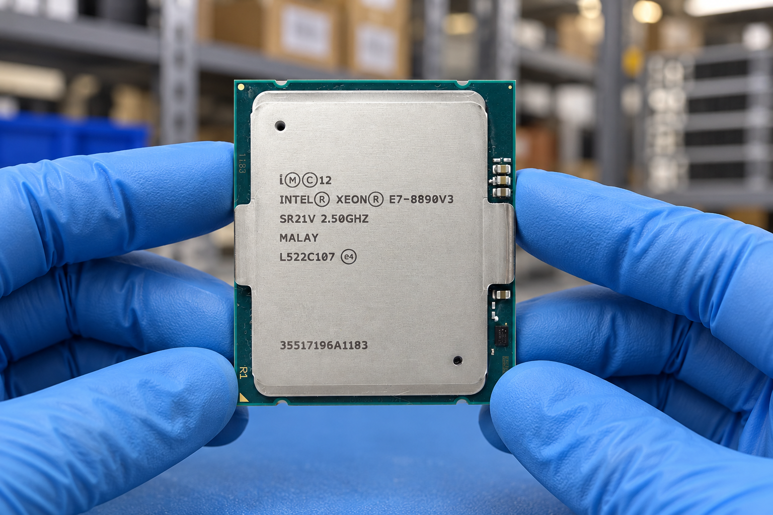 Intel Xeon E7-8890 v3 held by two blue-gloved hands above a blue electronics workbench; generated scene