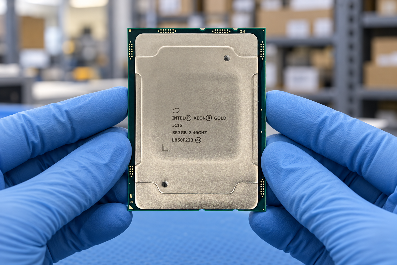 Intel Xeon Gold 5115 held by two blue-gloved hands above a blue electronics workbench; generated scene
