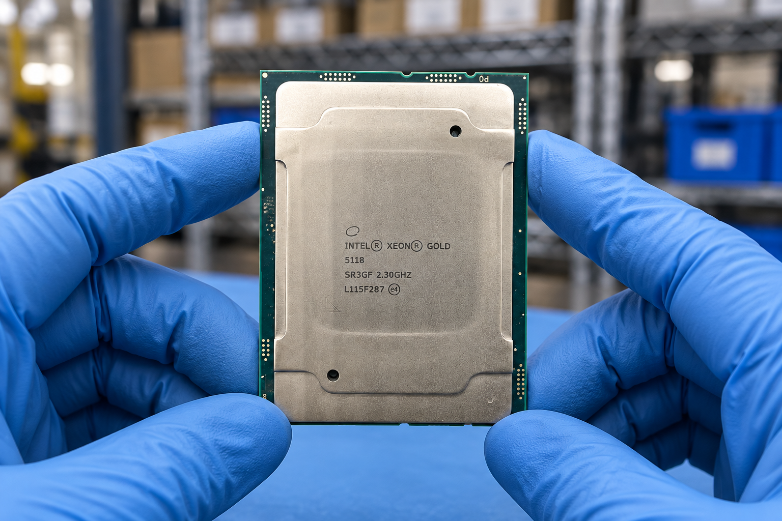 Intel Xeon Gold 5118 held by two blue-gloved hands above a blue electronics workbench; generated scene