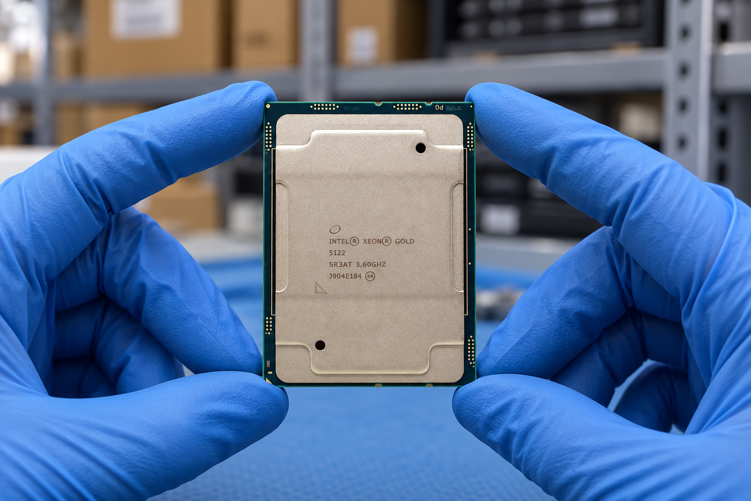 Intel Xeon Gold 5122 held by two blue-gloved hands above a blue electronics workbench; generated scene