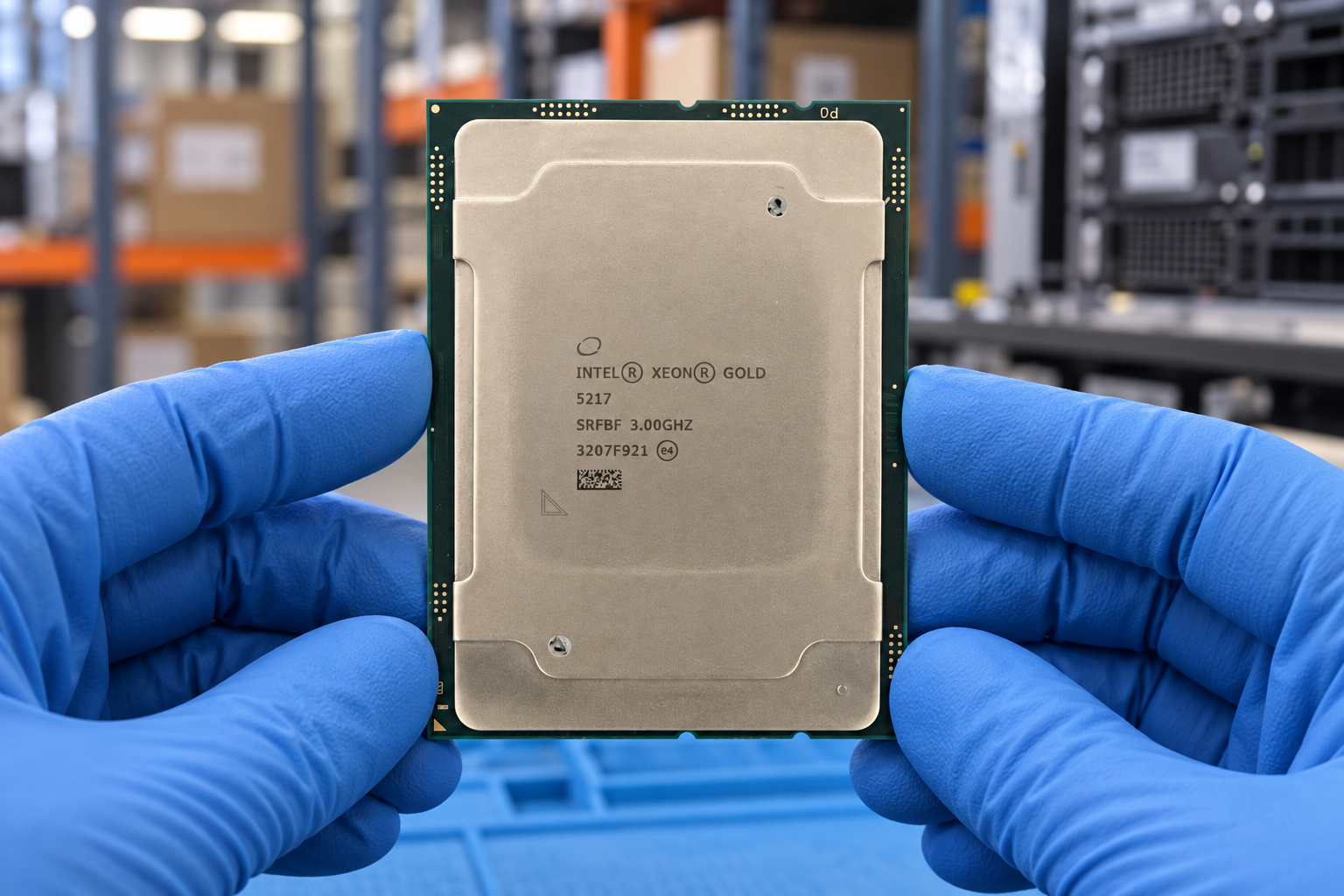 Intel Xeon Gold 5217 held by two blue-gloved hands above a blue electronics workbench; generated scene