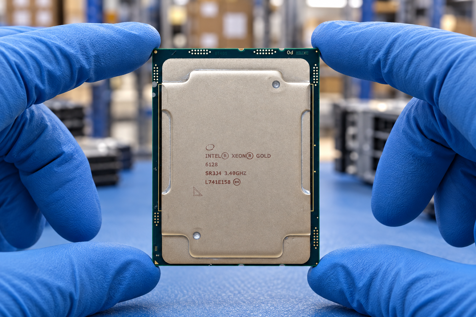 Intel Xeon Gold 6128 held by two blue-gloved hands above a blue electronics workbench; generated scene