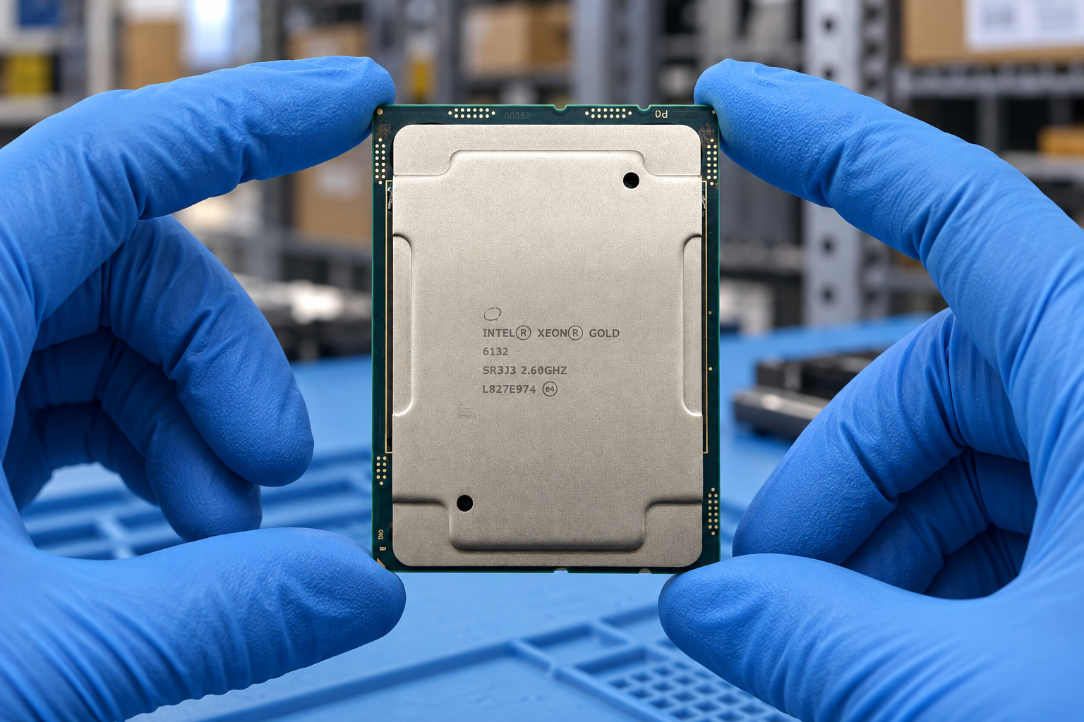 Intel Xeon Gold 6132 held by two blue-gloved hands above a blue electronics workbench; generated scene
