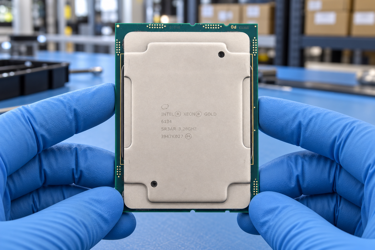 Intel Xeon Gold 6134 held by two blue-gloved hands above a blue electronics workbench; generated scene
