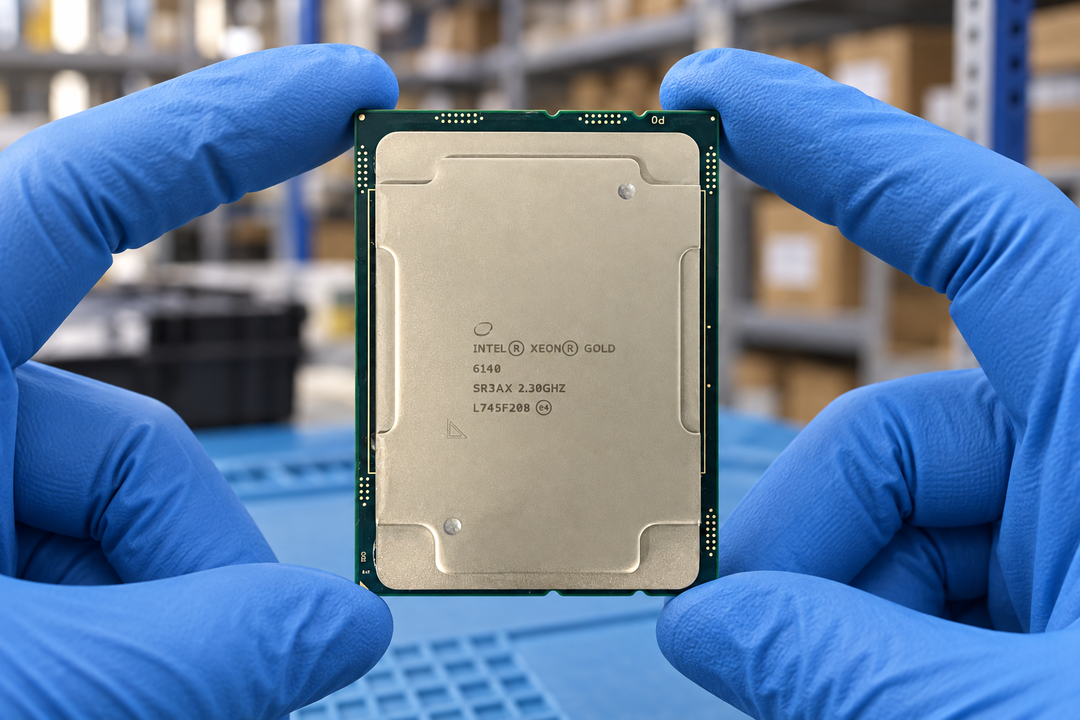 Intel Xeon Gold 6140 held by two blue-gloved hands above a blue electronics workbench; generated scene