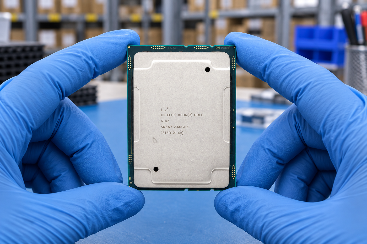 Intel Xeon Gold 6142 held by two blue-gloved hands above a blue electronics workbench; generated scene