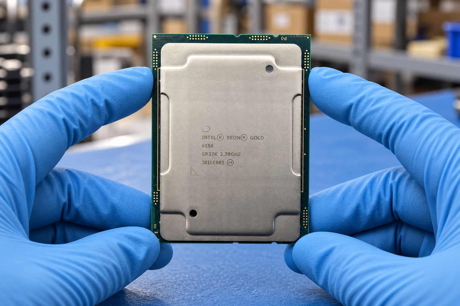 Intel Xeon Gold 6150 held by two blue-gloved hands above a blue electronics workbench; generated scene