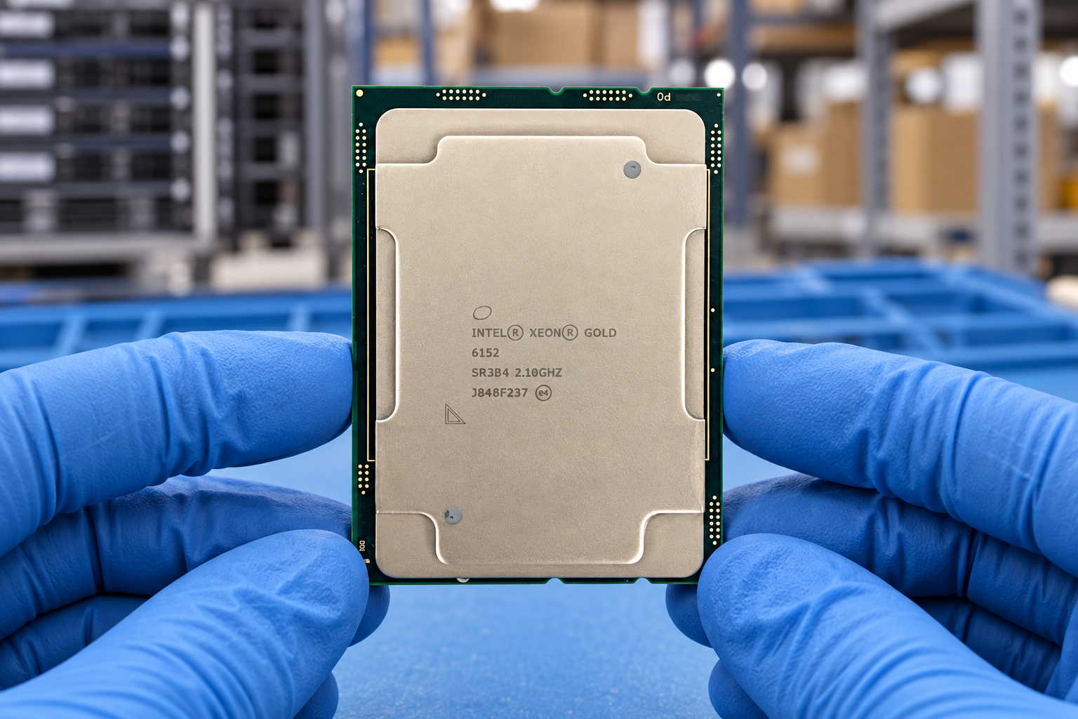 Intel Xeon Gold 6152 held by two blue-gloved hands above a blue electronics workbench; generated scene
