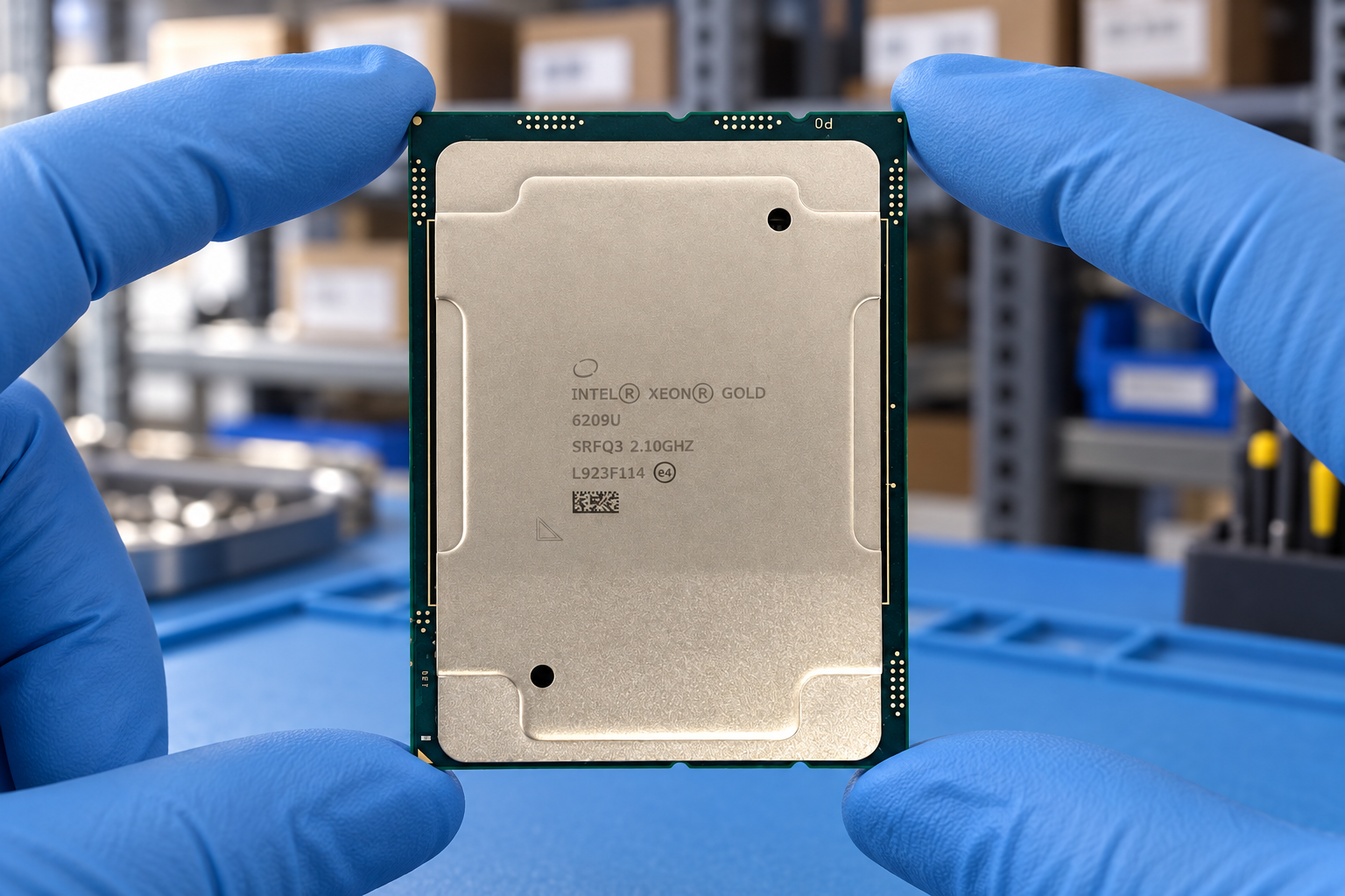 Intel Xeon Gold 6209U held by two blue-gloved hands above a blue electronics workbench; generated scene