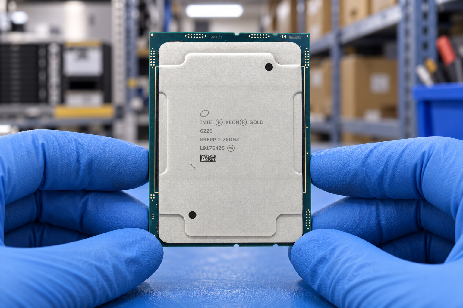 Intel Xeon Gold 6226 held by two blue-gloved hands above a blue electronics workbench; generated scene