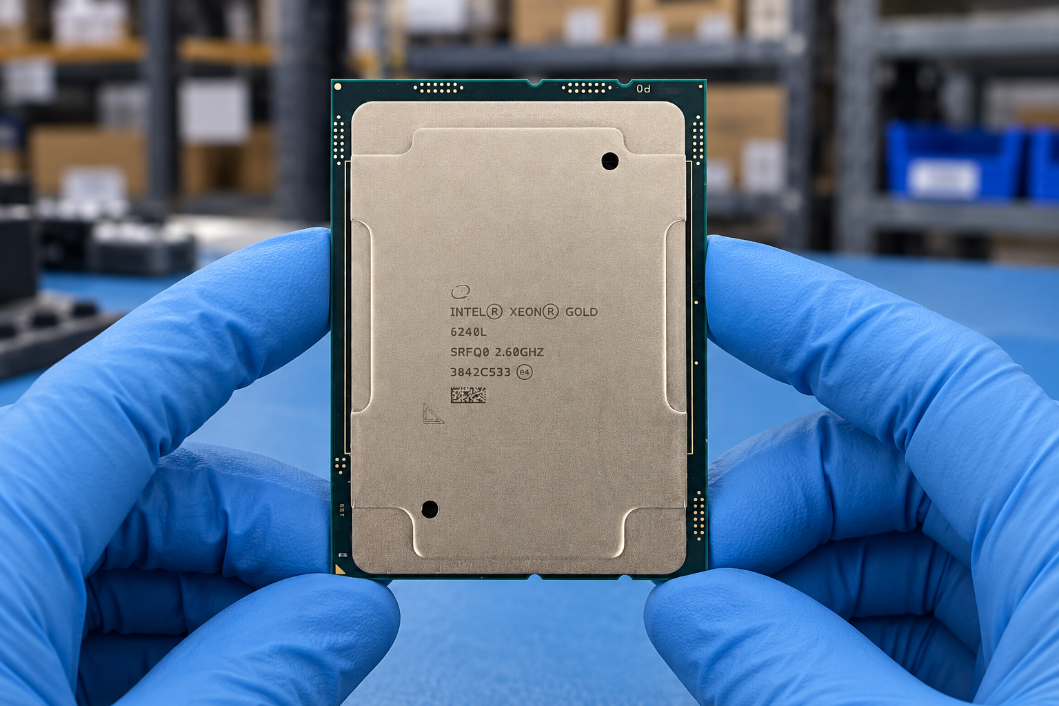 Intel Xeon Gold 6240L held by two blue-gloved hands above a blue electronics workbench; generated scene