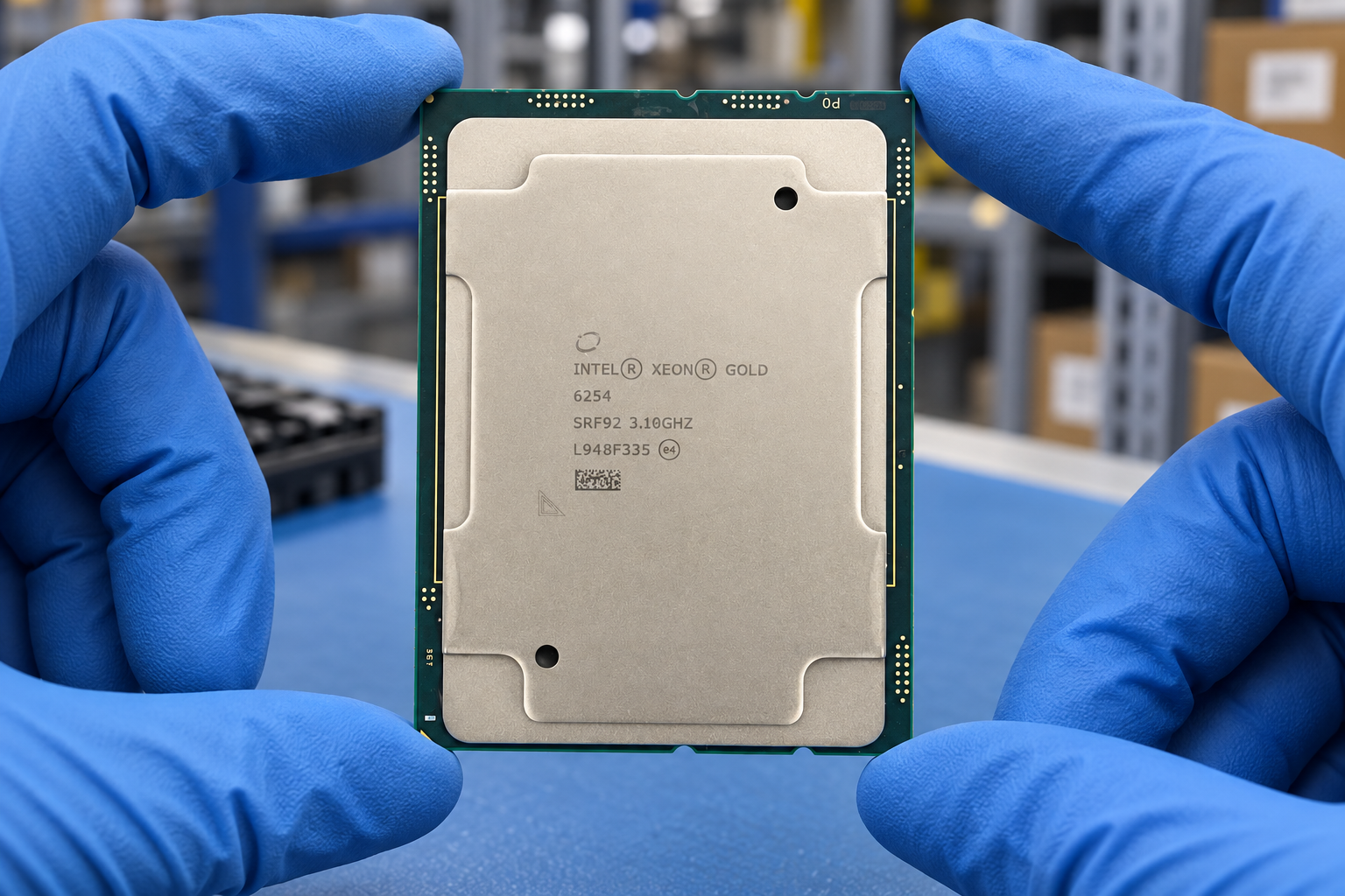 Intel Xeon Gold 6254 held by two blue-gloved hands above a blue electronics workbench; generated scene