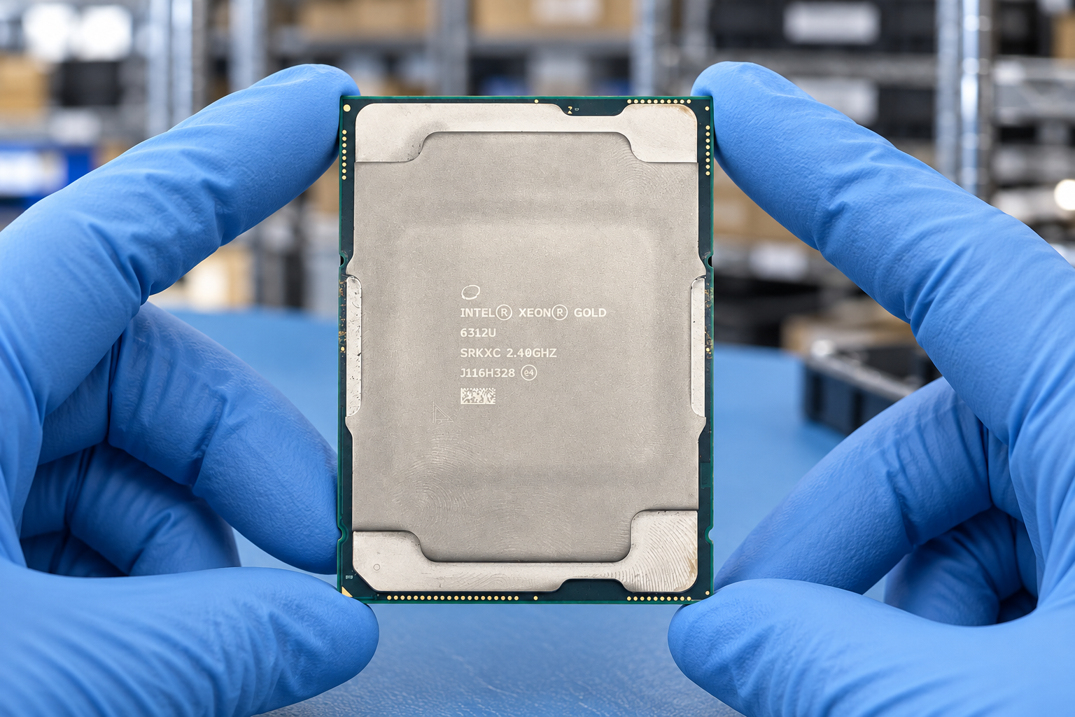 Intel Xeon Gold 6312U held by two blue-gloved hands above a blue electronics workbench; generated scene
