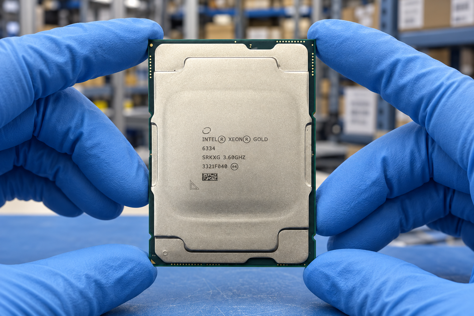 Intel Xeon Gold 6334 held by two blue-gloved hands above a blue electronics workbench; generated scene