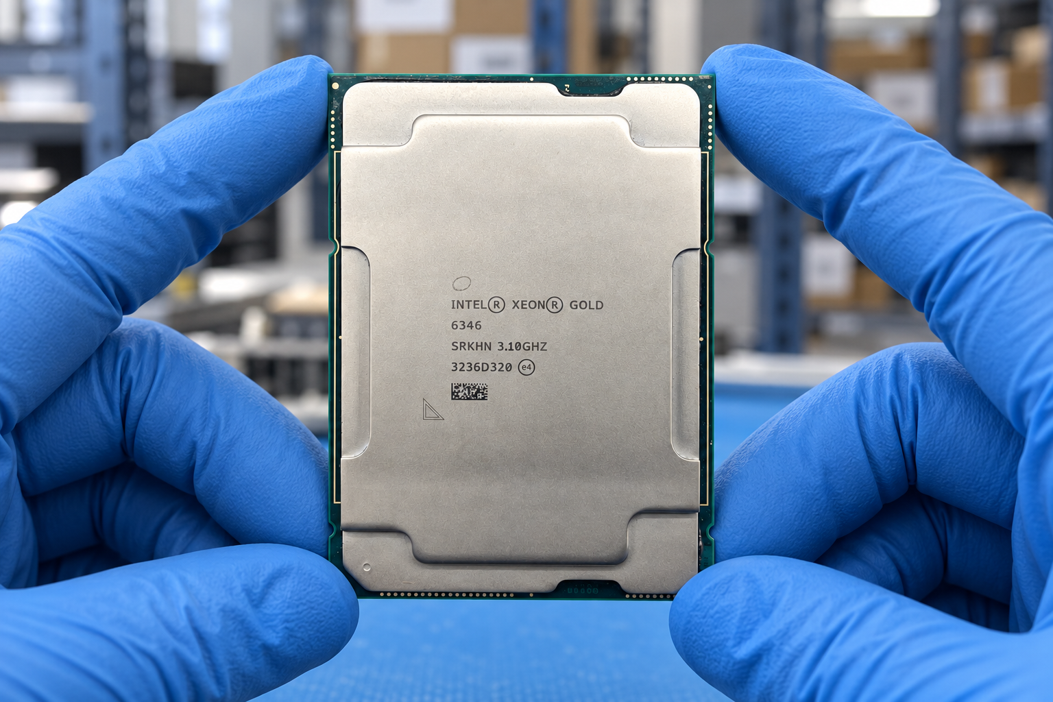 Intel Xeon Gold 6346 held by two blue-gloved hands above a blue electronics workbench; generated scene