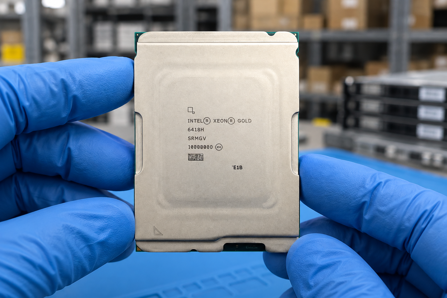 Intel Xeon Gold 6418H held by two blue-gloved hands above a blue electronics workbench; generated scene