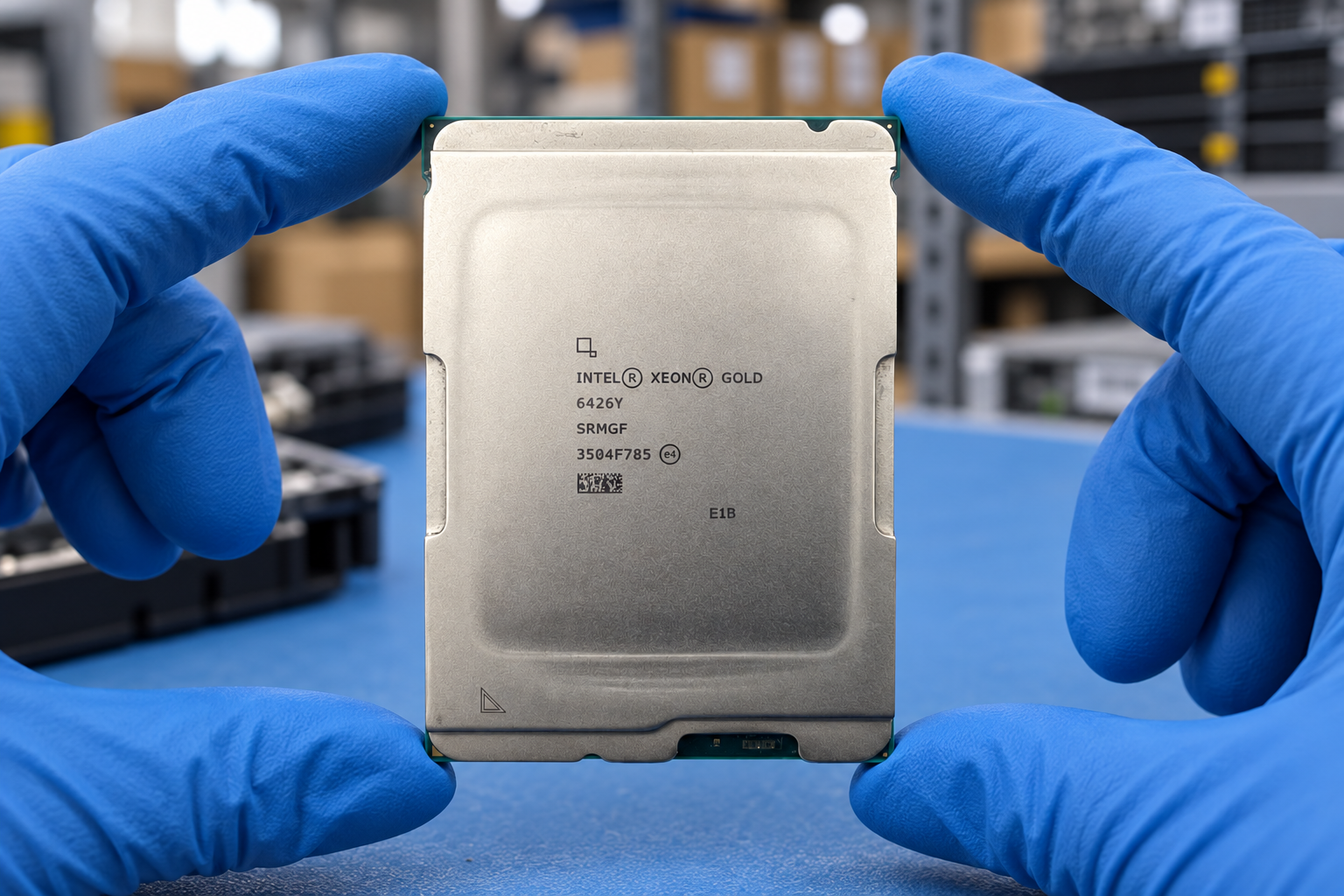 Intel Xeon Gold 6426Y held by two blue-gloved hands above a blue electronics workbench; generated scene